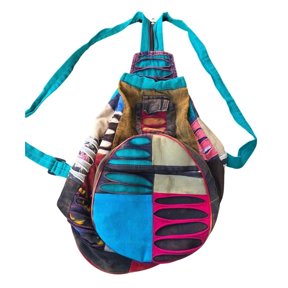 Boho Patchwork Razor Cut Sling Backpack‎ Multi Color Cotton Hippie Festival E2